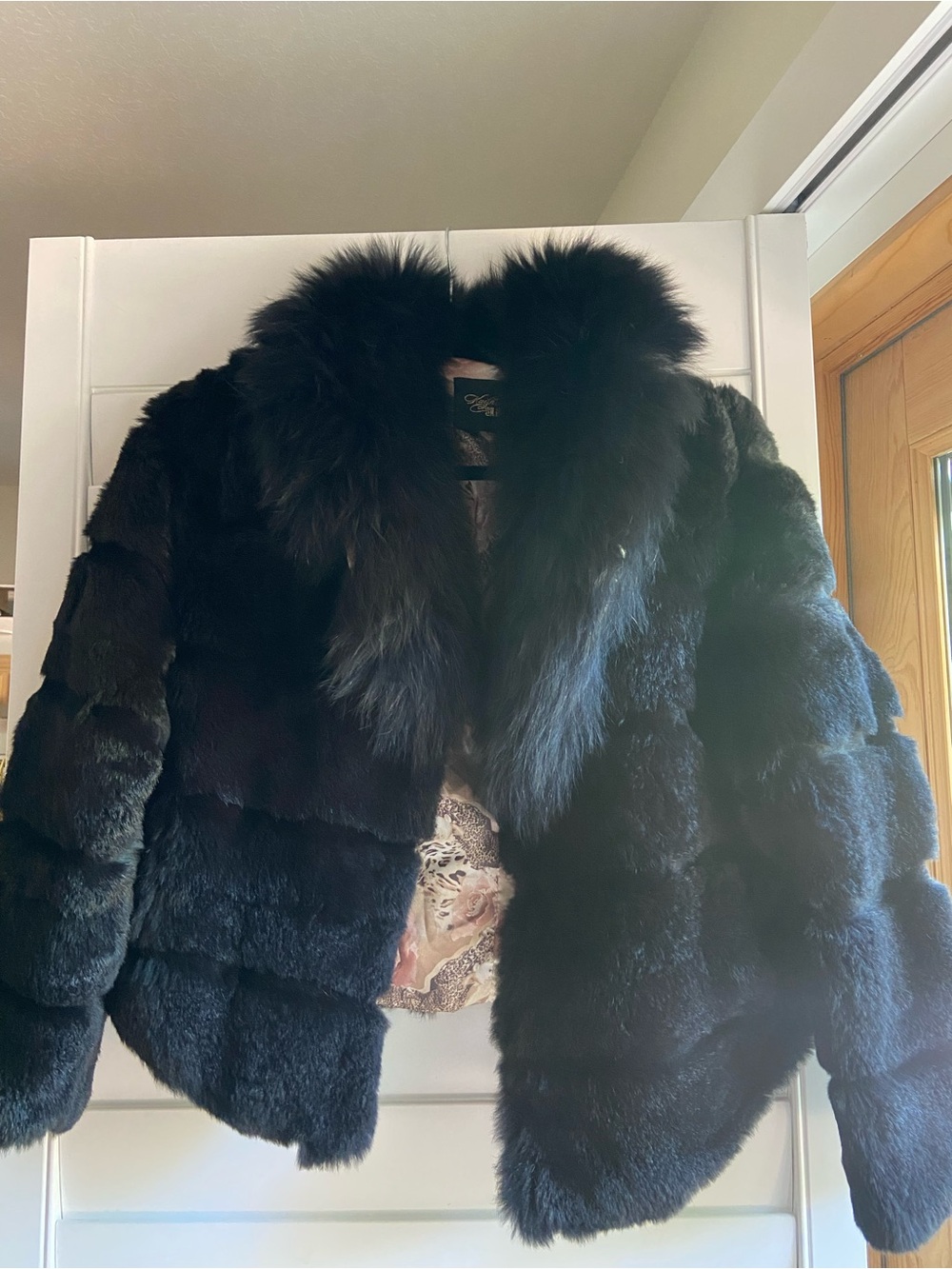 Black Plush Rabbit Fur Teddy Jacket with Luxe Collar